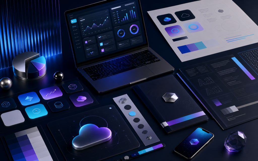 AI-generated article image showing SaaS brand identity system and product interface elements