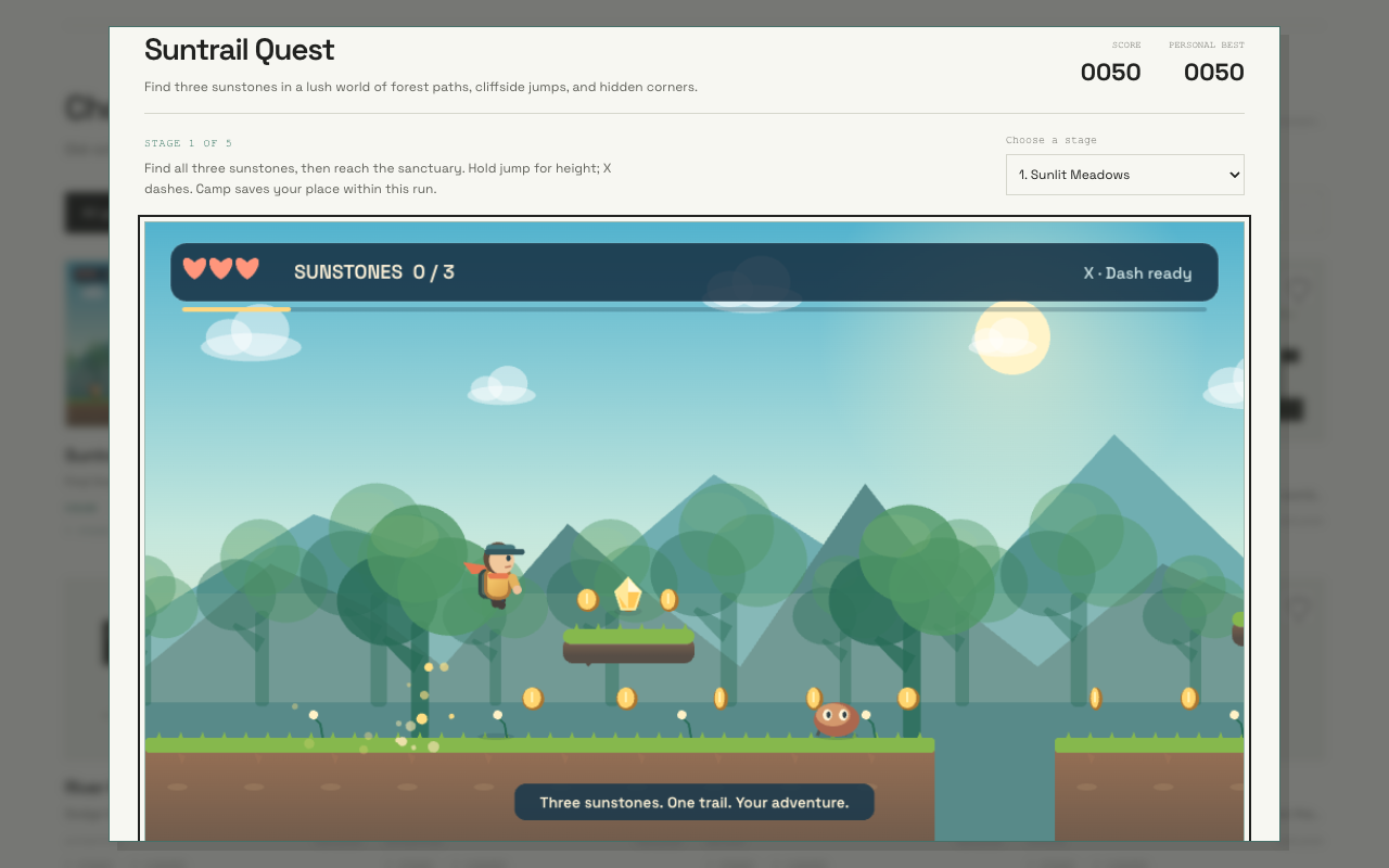 Suntrail Quest gameplay: a forest platform adventure with coins, sunstones, and enemies.