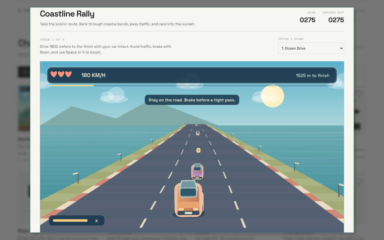 Coastline Rally gameplay: a car races past traffic on a coastal road.