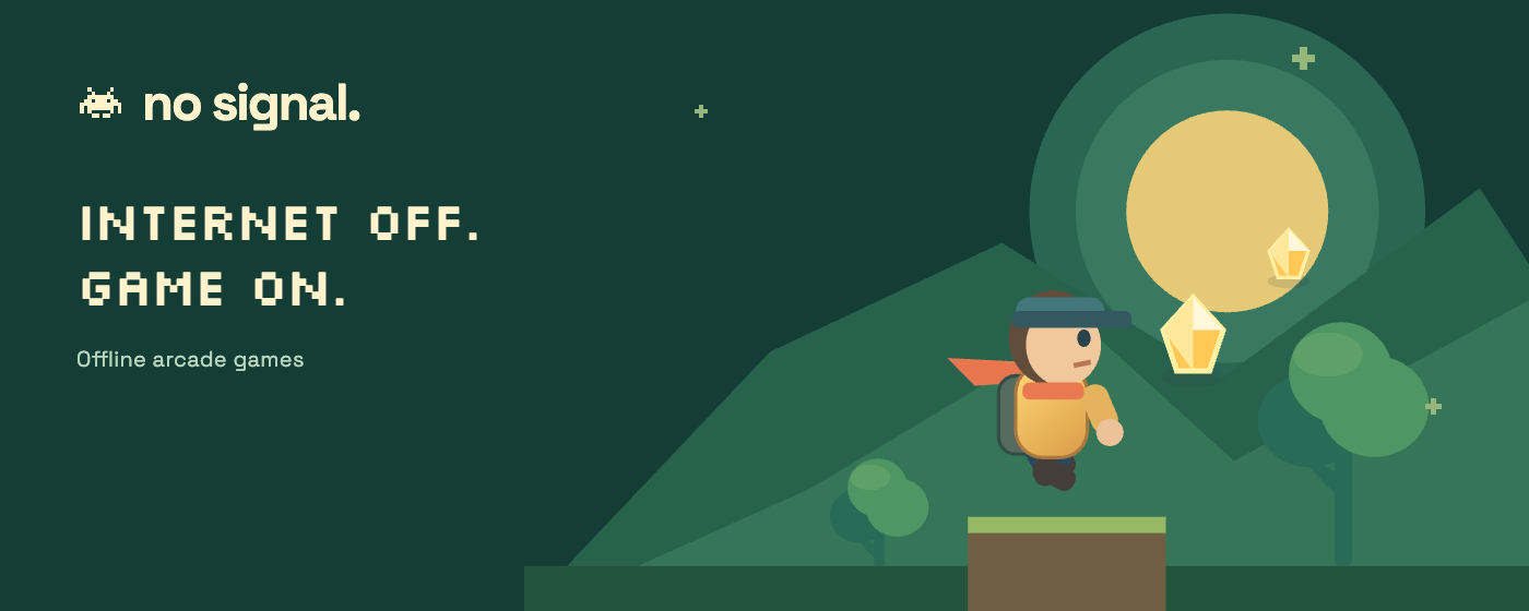 No Signal's scarf-wearing explorer jumps toward golden sunstones in a green mountain landscape.